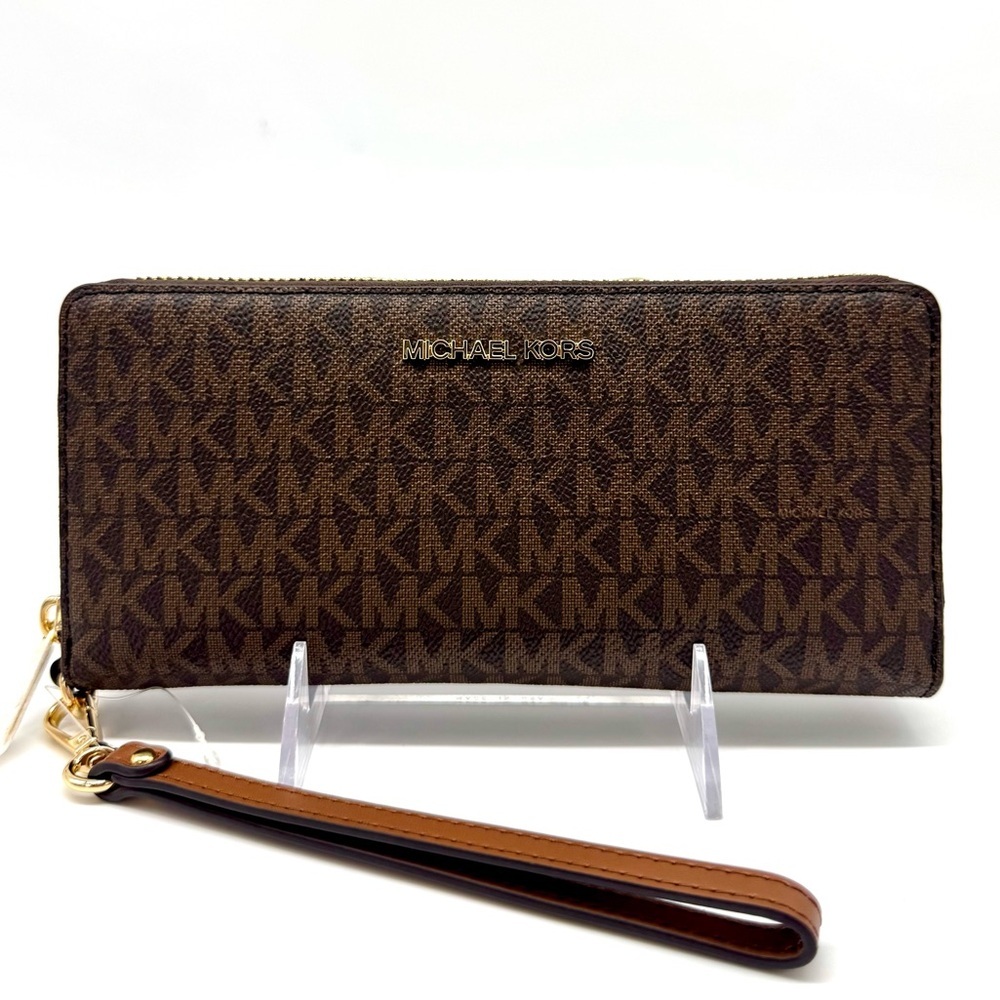 Michael Kors Large Jet Set Travel Signature Continental Wallet Wristlet Brown
